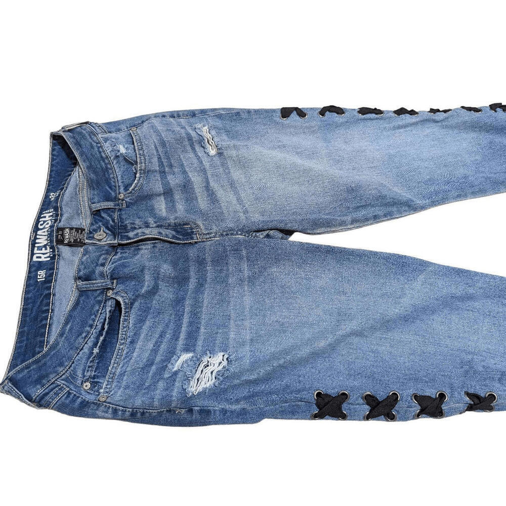 Rewash Women's Blue Ribbon Lace-Up Side Straight Distressed Jeans Size 15R - Picture 8 of 8